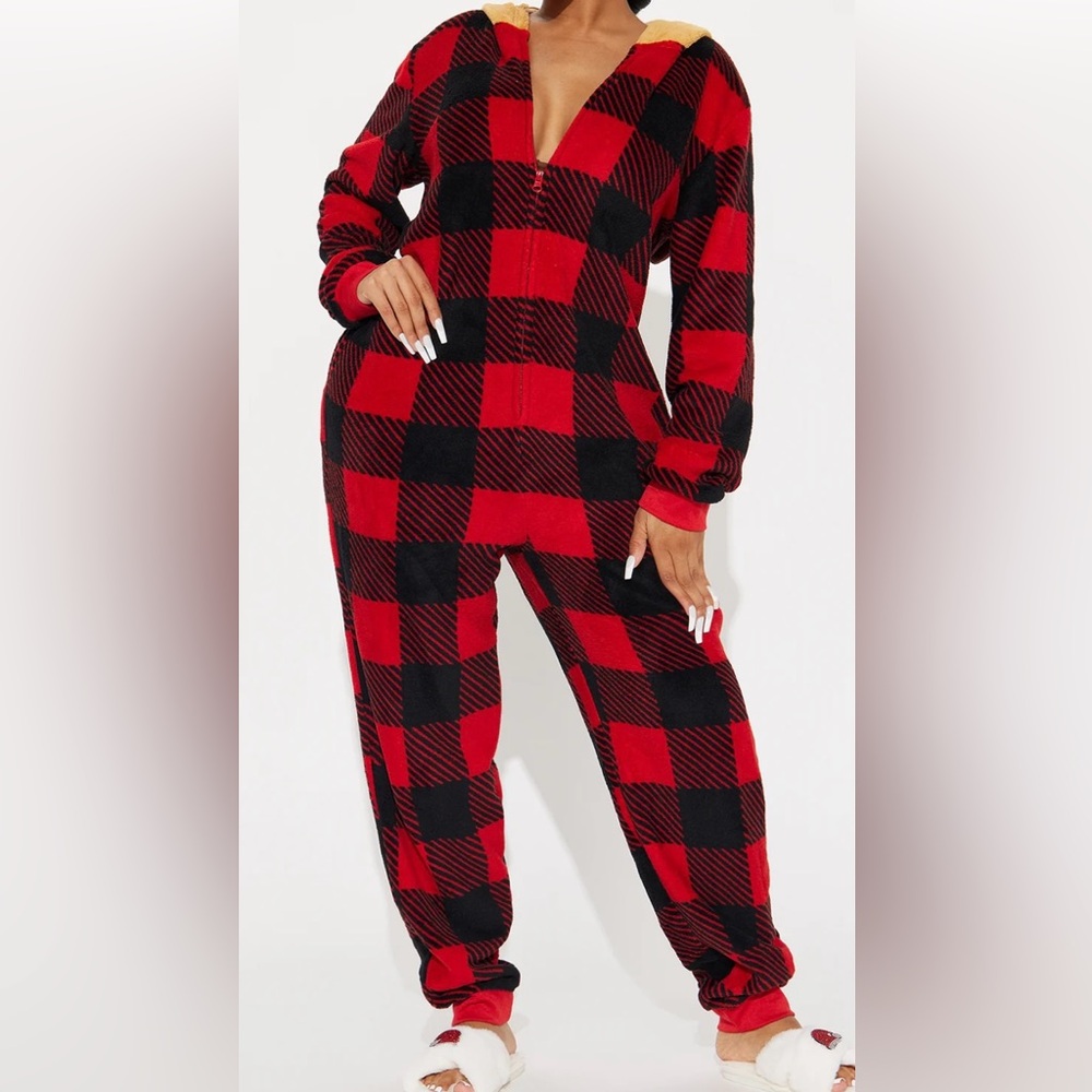 Red and Black Plaid Plush Reindeer Onesie